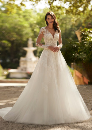 Long Sleeves Beaded Ivory Lace Tulle Illusion Back Wedding Dress